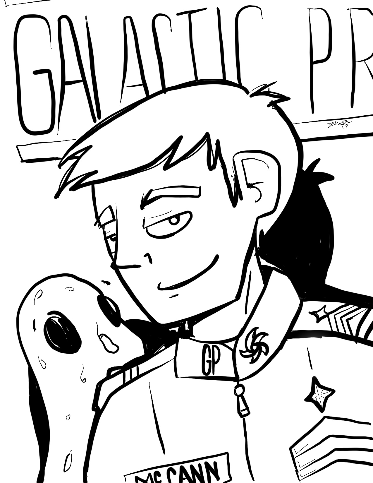 Black and white drawing of Chase and Blippf